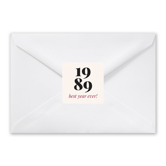 white envelope with seal featuring year 1989 and text best year ever