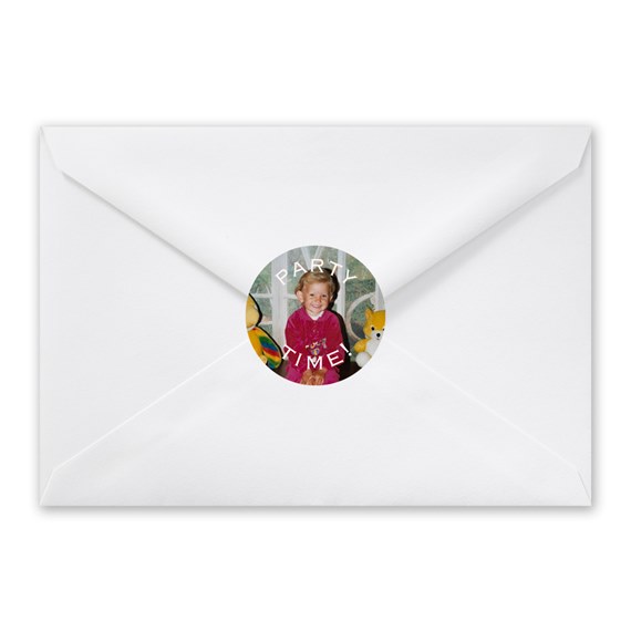 white envelope with circular photo seal and text placeholder