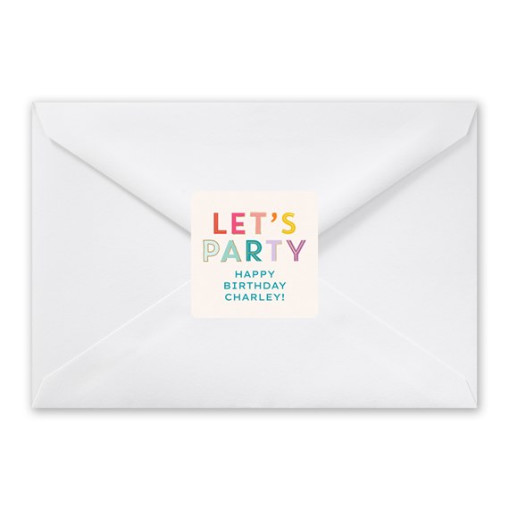 envelope with colorful party seal