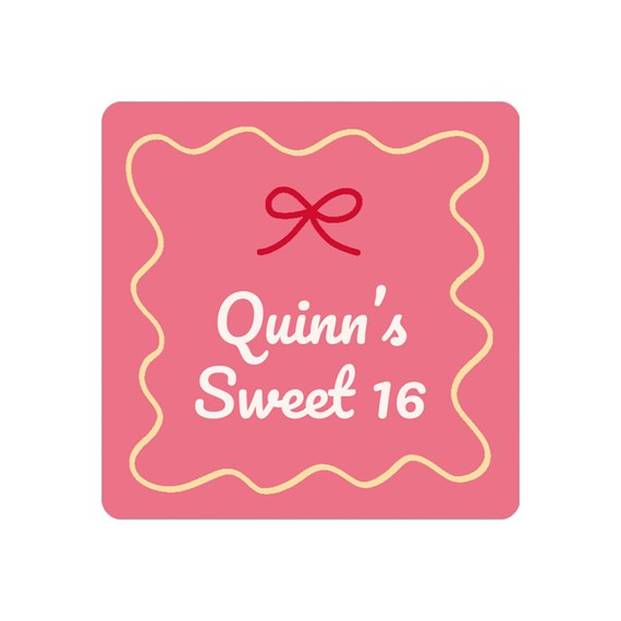 pink birthday sticker with scalloped edge and text