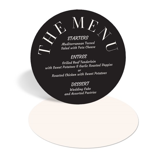 circular menu card with black background and white text
