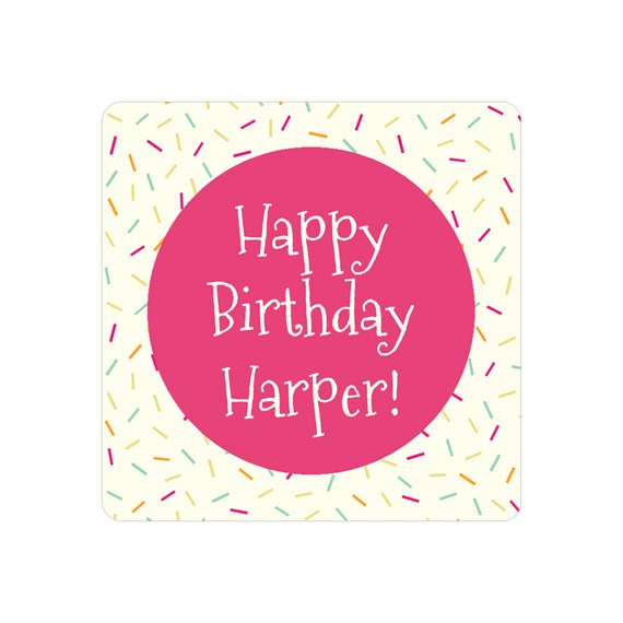 pink circle with birthday greeting and colorful sprinkles background