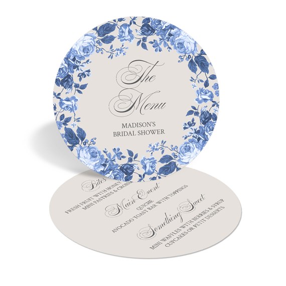 circular menu card with floral design and text