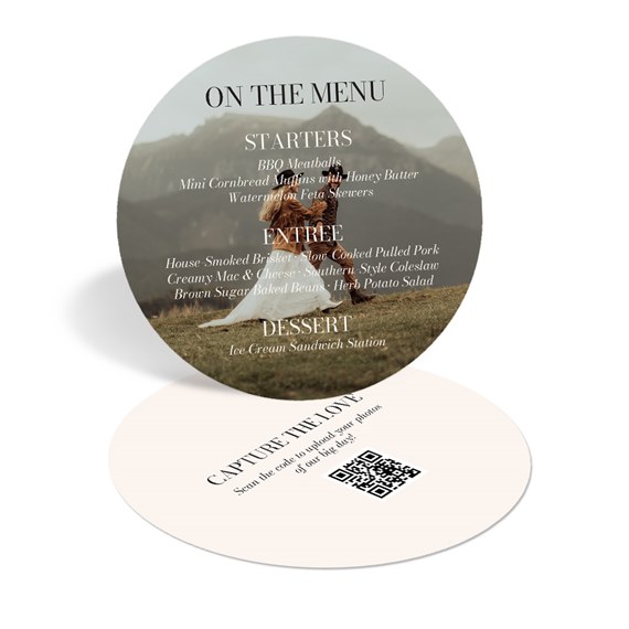 round menu card with food items and QR code