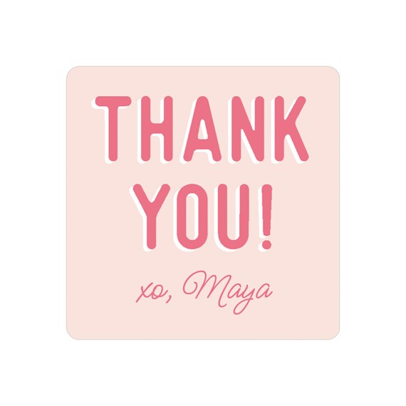 thank you sticker with pink text on light pink background
