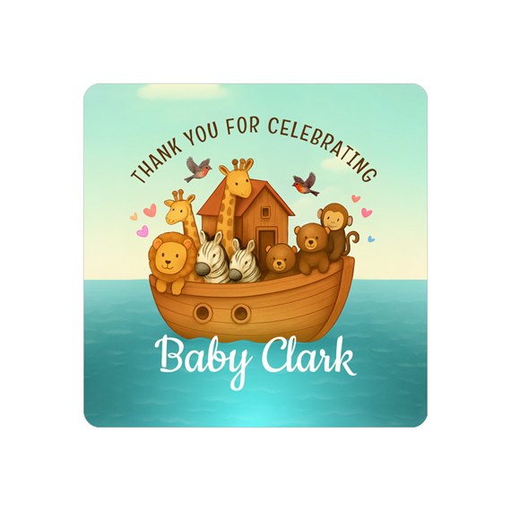 sticker with cartoon animals on a boat and text