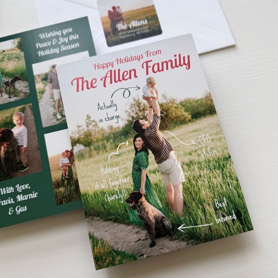 holiday card with family scene and text annotations