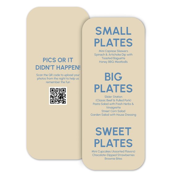 menu card with food sections and qr code