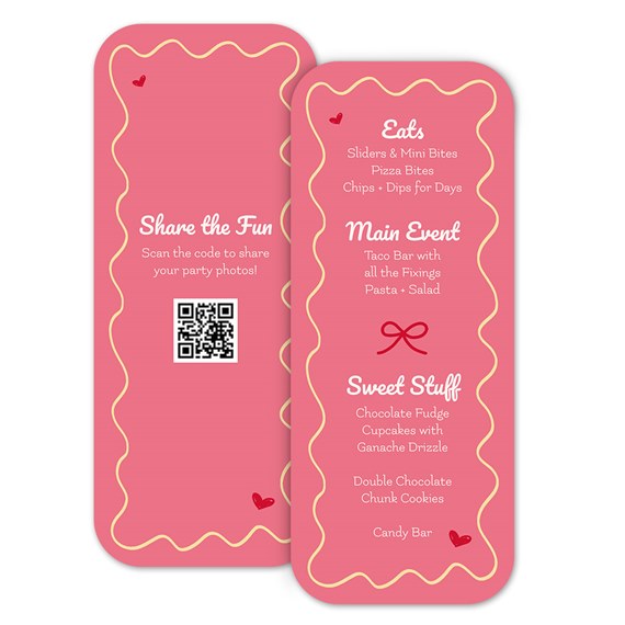 pink menu card with scalloped border and QR code
