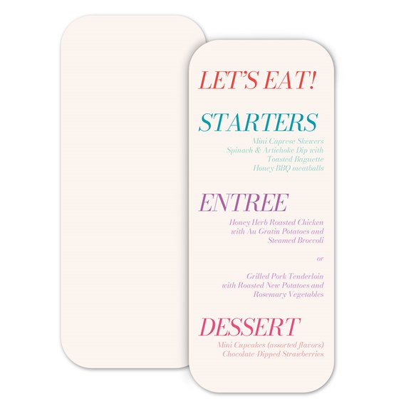 menu card with colorful text sections