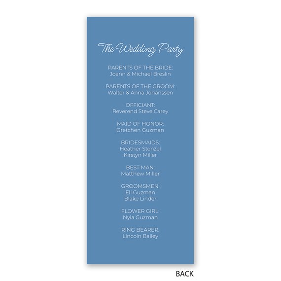 wedding program with blue background and white text