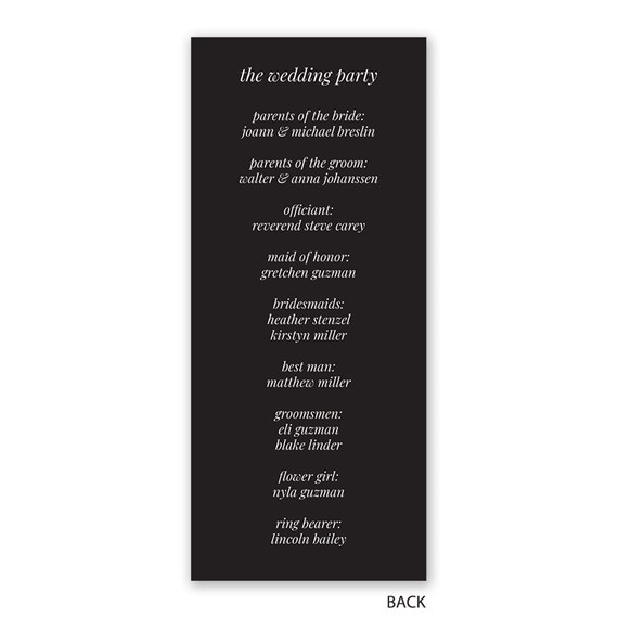 wedding program with list of wedding party members