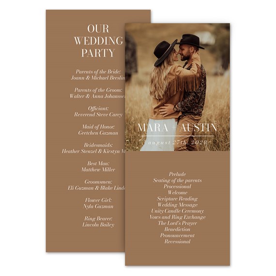 wedding program with photo area and text