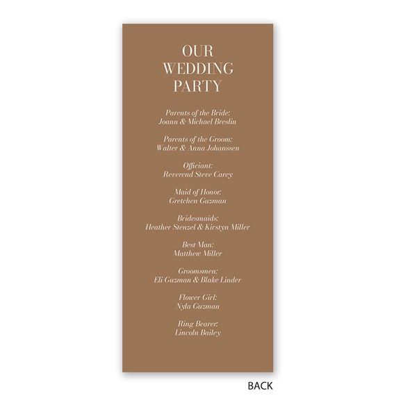 brown wedding program with white text