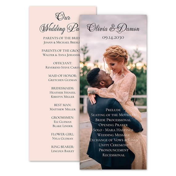 wedding program with photo area and participant details