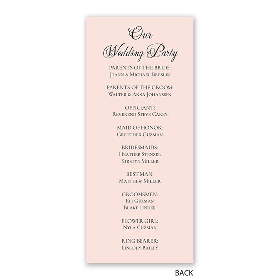 wedding program with names of wedding party members