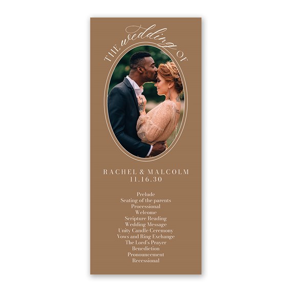oval photo placeholder with wedding program details