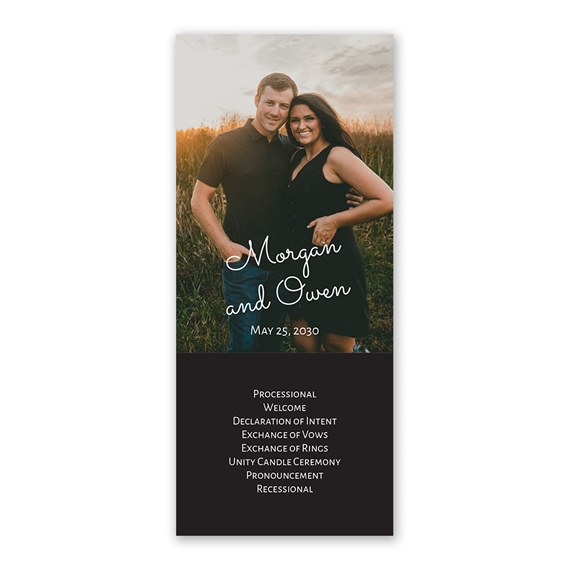 photo placeholder with couple, wedding program layout, customizable text area