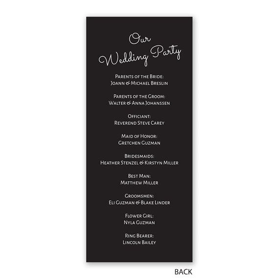 wedding program with text listing wedding party