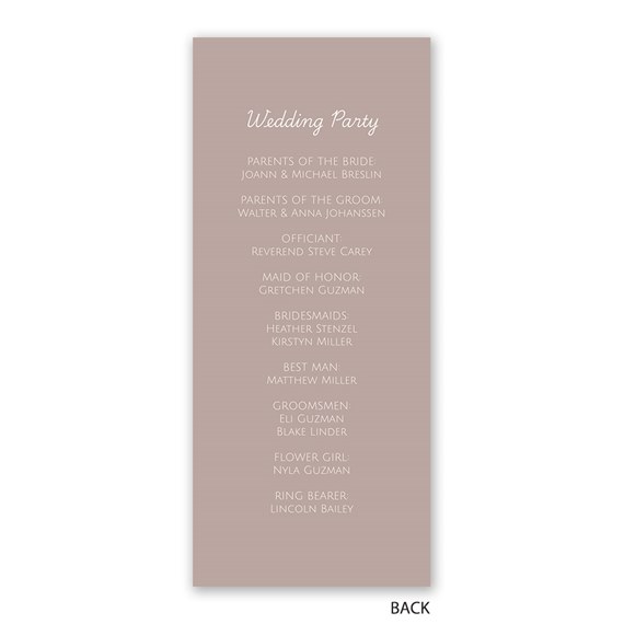 wedding program with names and roles on beige background