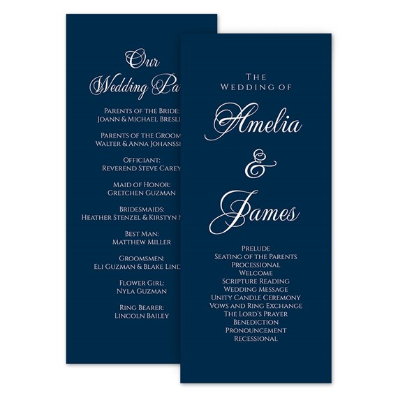 navy blue wedding program with white text details