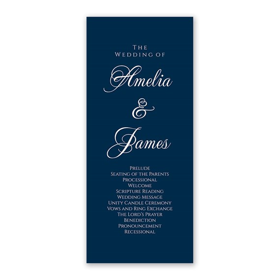 wedding program with navy background and white text