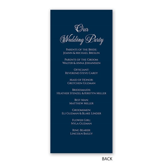 navy blue wedding program with white text