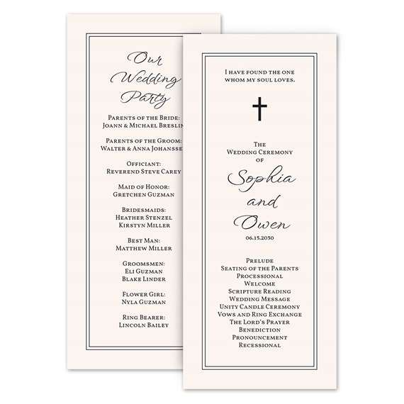 wedding program with text and cross symbol