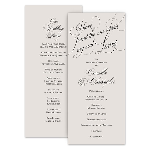 wedding program with ceremony details and wedding party list