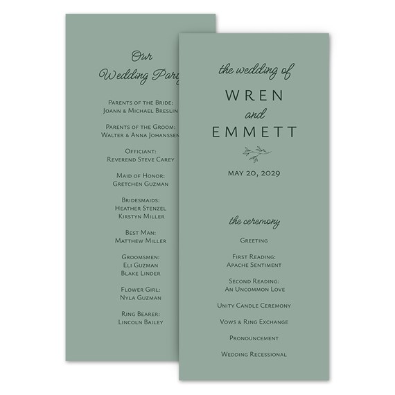 wedding program with floral motifs and two-sided layout
