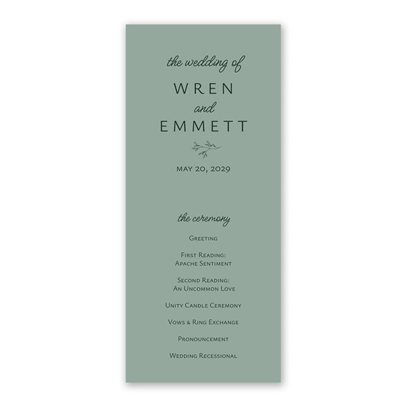 wedding program with names and ceremony details