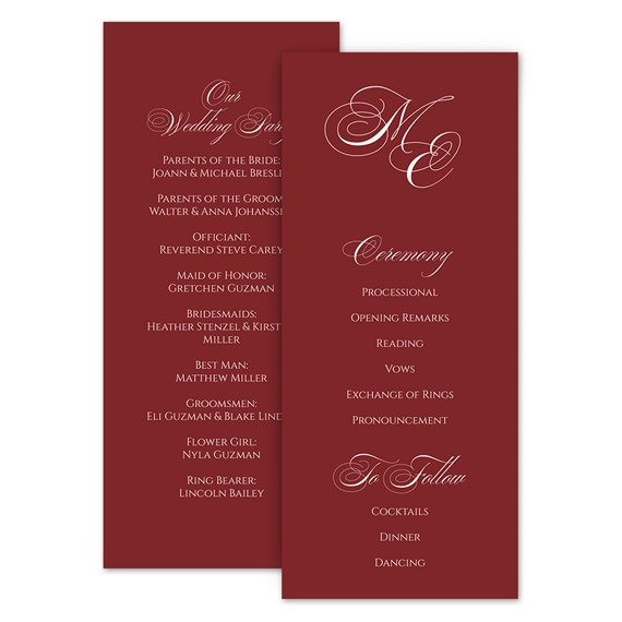 formal wedding program with wedding party and ceremony details