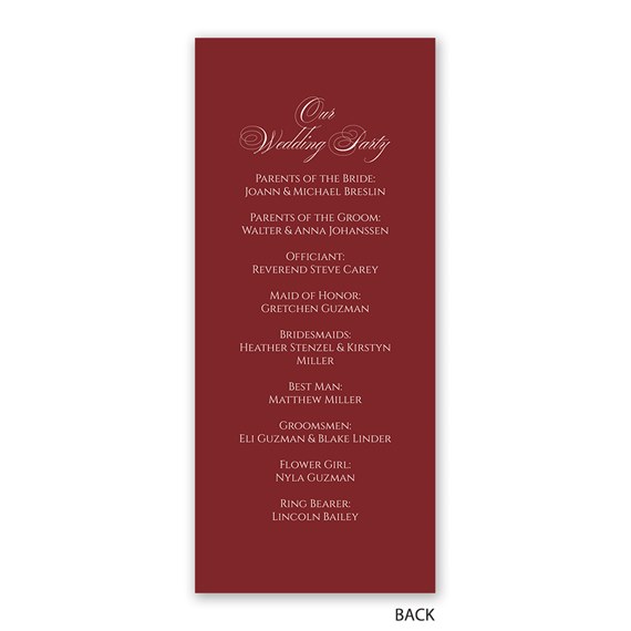 wedding program with burgundy background and white script