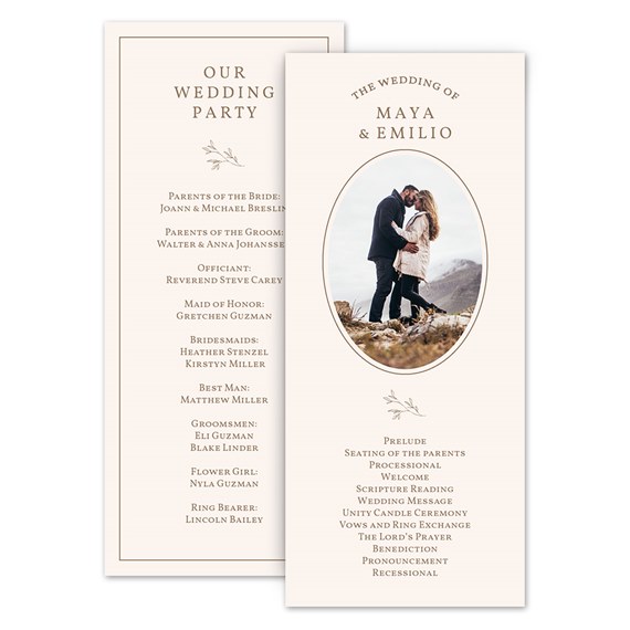 wedding program with photo area and decorative elements