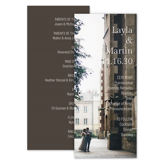 wedding program with photo area and text