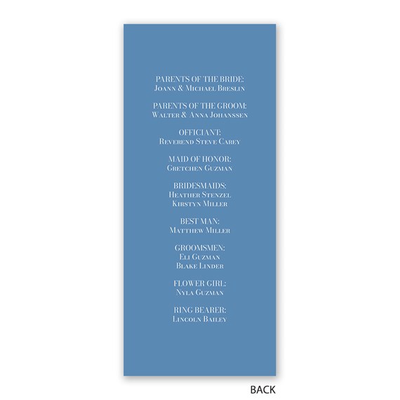 wedding program with names listed in calligraphy on blue background