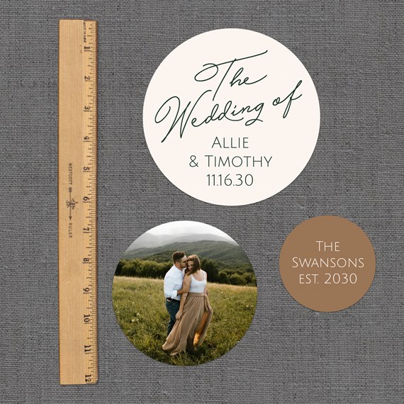 circular wedding invitation design with photo area and text placeholders