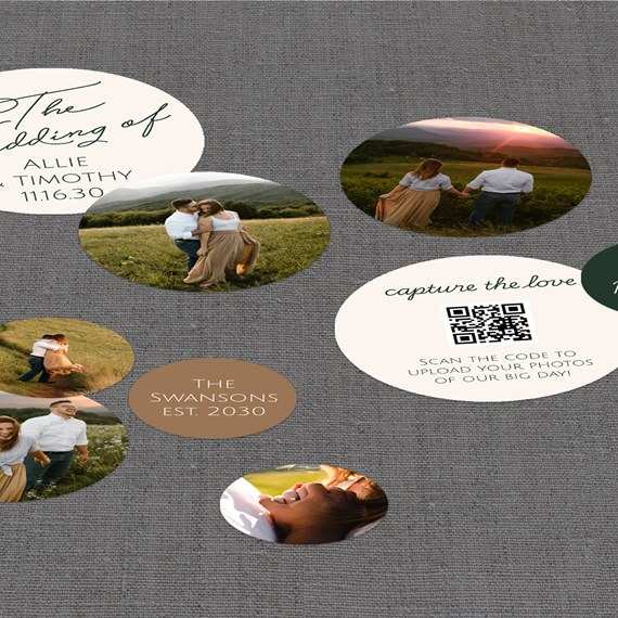 multiple photo placeholders with text elements and QR code