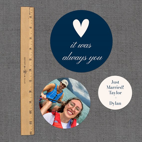 navy blue design with heart and text, photo placeholders, gray textured background