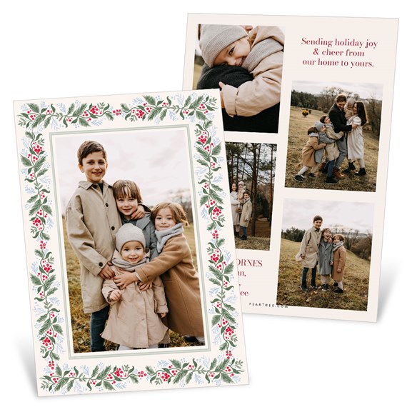 Christmas card with botanical border and photo area