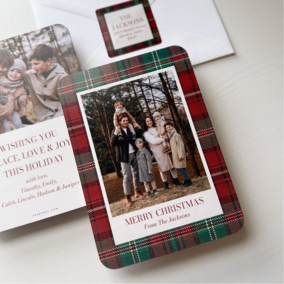 plaid Christmas card with photo area and text