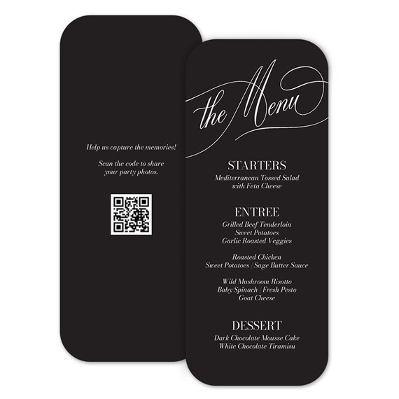 black menu card with calligraphy and QR code