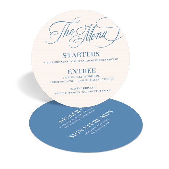 circular menu card with calligraphy and food items