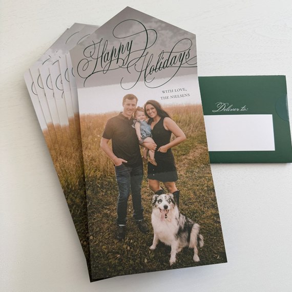 holiday card with photo area and green envelope