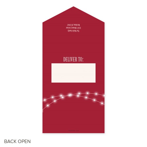 red Christmas card with address area and decorative lights