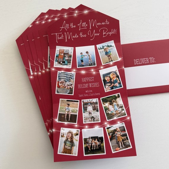 red Christmas card with photo placeholders and festive text