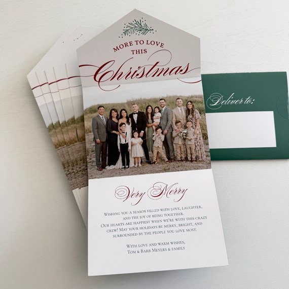 Christmas card with photo placeholder, green envelope