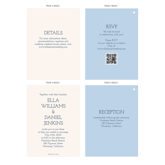 collage wedding invitations with beige and blue backgrounds, navy text, QR code