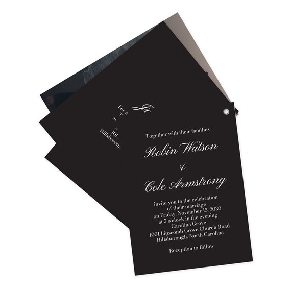 black wedding invitation with white text and photo placeholder
