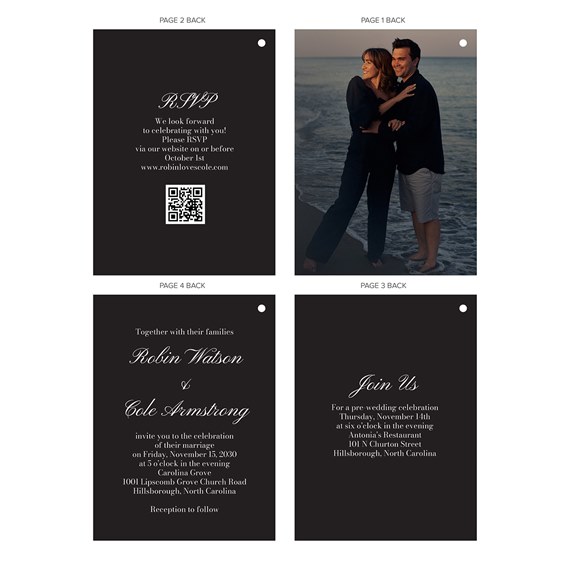 wedding invitation with black background and white text, photo placeholder